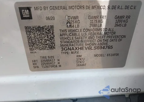2020 Chevrolet Equinox Fwd Ls from USA, damaged, VIN 3GNAXHEV6LS694765